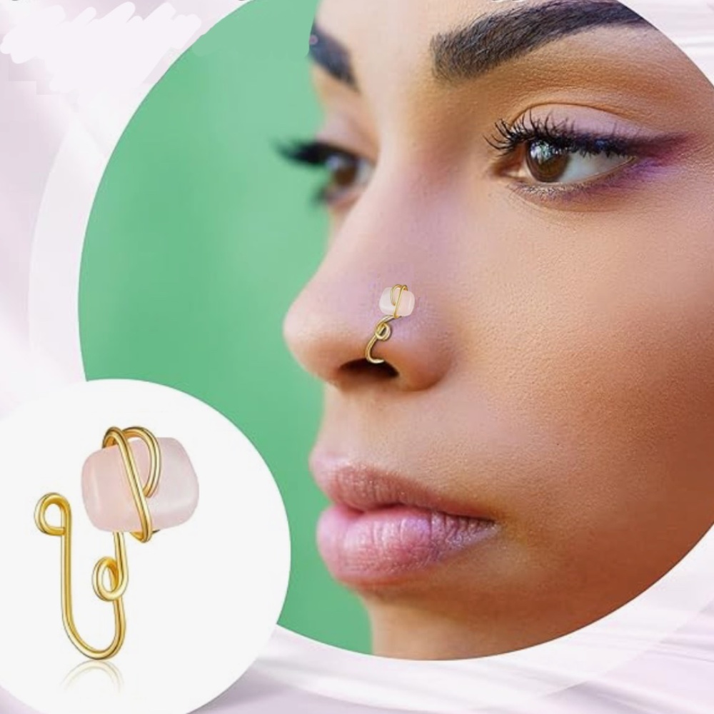 Gold Nose Cuff Faux Ring No Piercing Wire Wrap Pink Quartz Stone Crystal